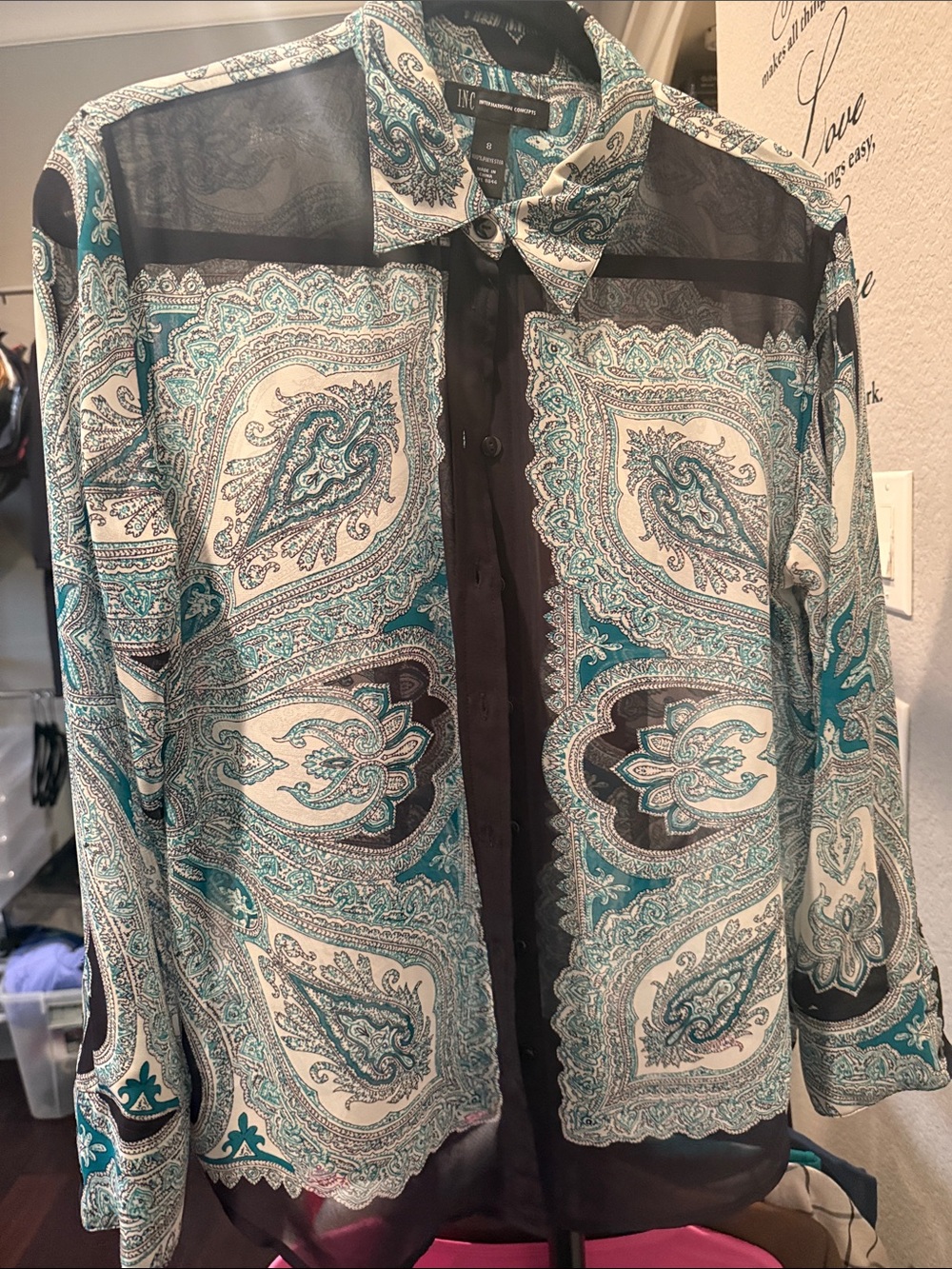 INC International Concepts Teal Black Paisley Sheer Button-Down Shirt